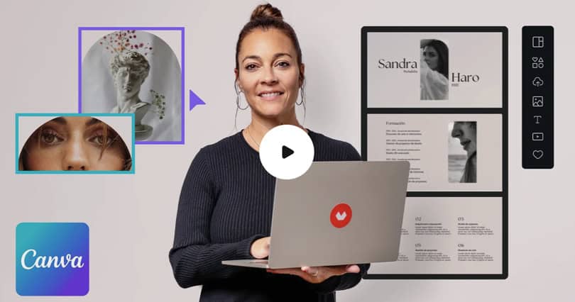 instructor with laptop and canva logo in Canva for Beginners: Create Professional Designs - domestika