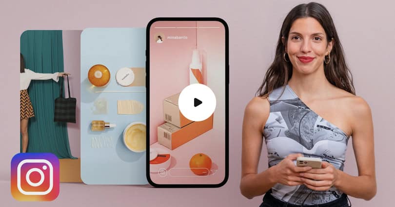 instructor standing next to instagram story layout - Content Creation and Editing for Instagram Stories - domestika