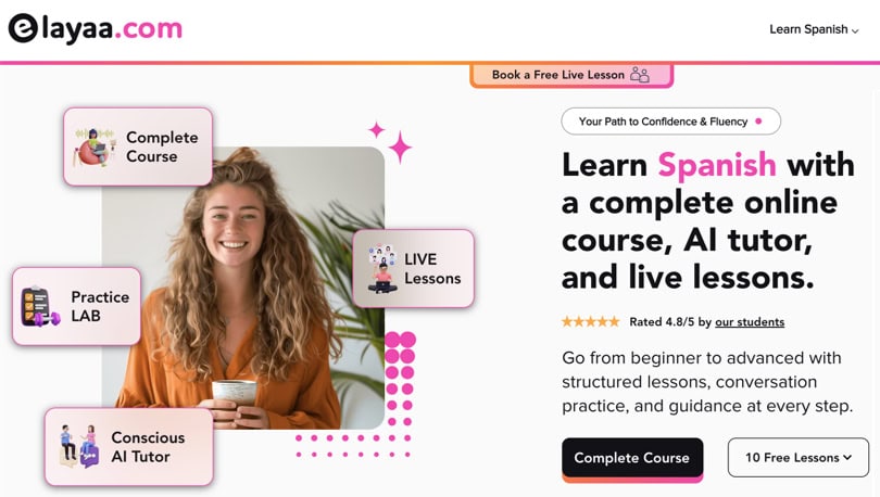 Best Spanish Courses Online - Elayaa homepage of elayaa spanish courses with a video trailer