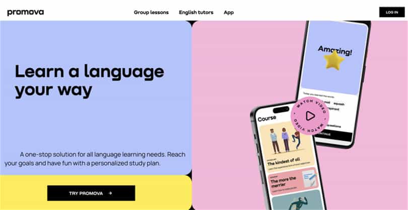 Showing the Promova Mainpage with options to learn languages via classes on mobile devices.