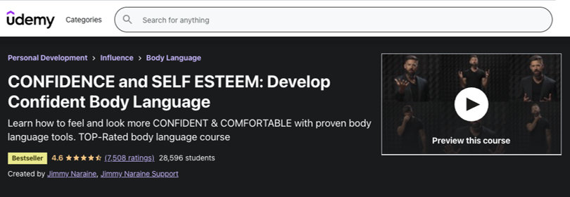 Confidence and Self-Esteem, Develop Confident Body Language, Udemy Image of Confidence and Self-Esteem, Develop Confident Body Language, Udemy