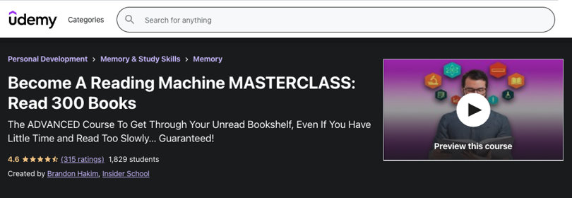 Become a Reading Machine Masterclass, Udemy Image of Become a Reading Machine Masterclass, Udemy