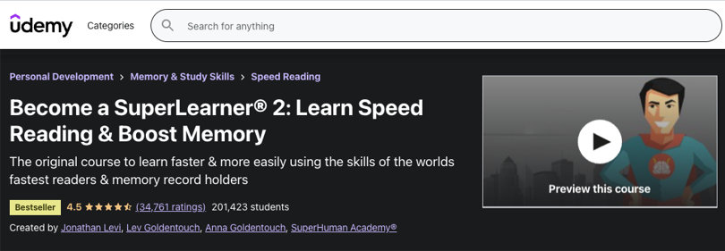 SuperLearner - Speed Reading, Boost Memory, Udemy Image of SuperLearner - Speed Reading, Boost Memory, Udemy